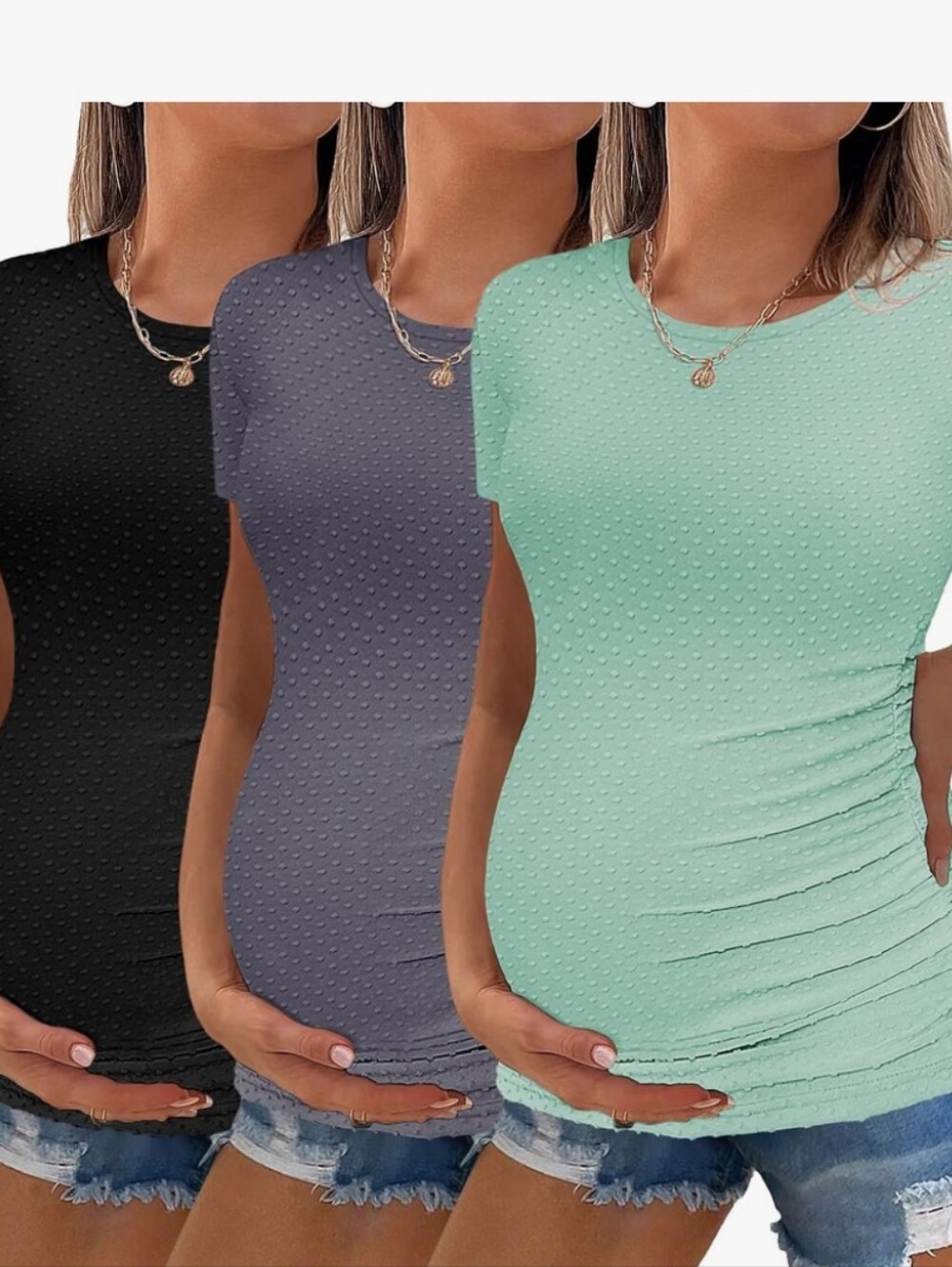 Ekouaer Womens Maternity Shirts 3 Packs Round Neck Short Sleeve Side Ruched